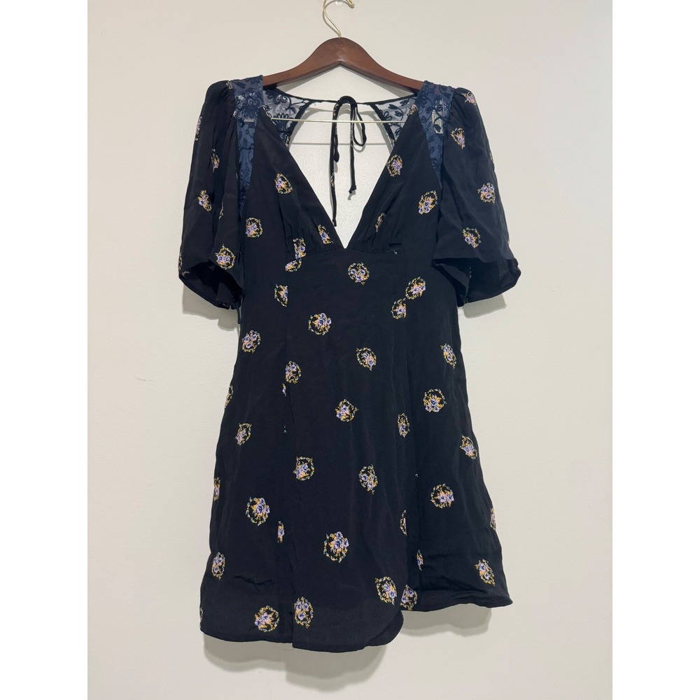 Free People Black Floral Lace Trim Open Back Mini Dress Size 2 FP